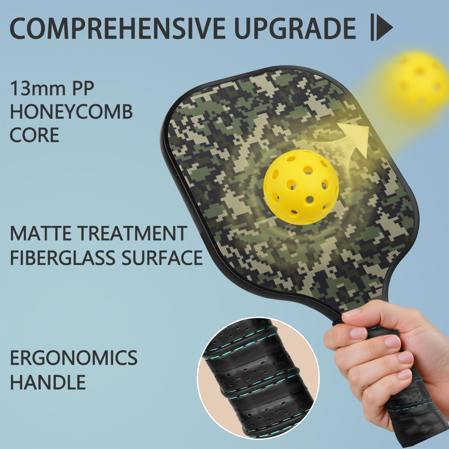 Pickleball Paddles Set Of 1, Fiberglass Surface, Camouflage Print, 1 Paddle, 2 Balls & Bag