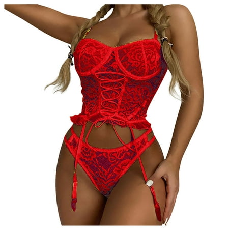 

DNDKILG Women s Ruffle Teddy Lingerie Set Babydoll Sexy Lingerie Lace Up Lace Bra and Panty Sets with Garter Red L