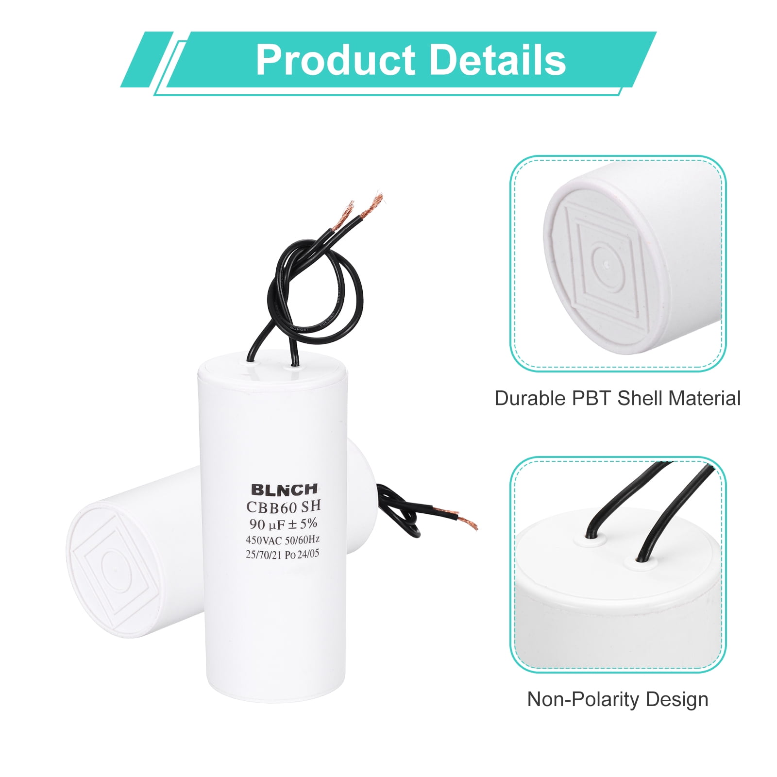 Uxcell 2 Pcs CBB60 Running Capacitor, 90uF 450V 2 Wire Electric Air Compressor Motor Run Starting Capacitor for Washing Machine, Refrigerator, Air Conditioner, White