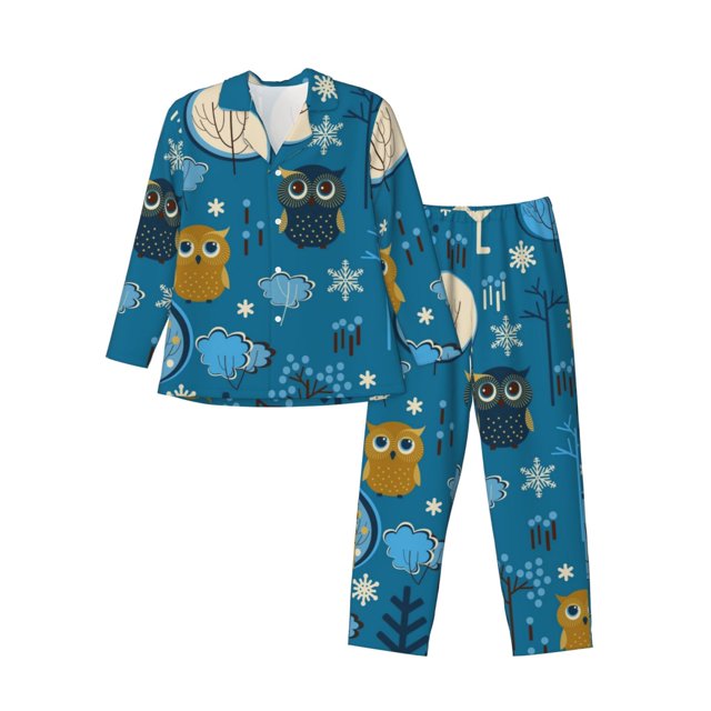 Fotbe Cute Colorful Owls And Trees Pijama de Hombre con Estampado de Manga Larga, Conjunto de 2 Piezas, Ropa de Dormir Suave y Cómoda con Bolsillos-XX-Large