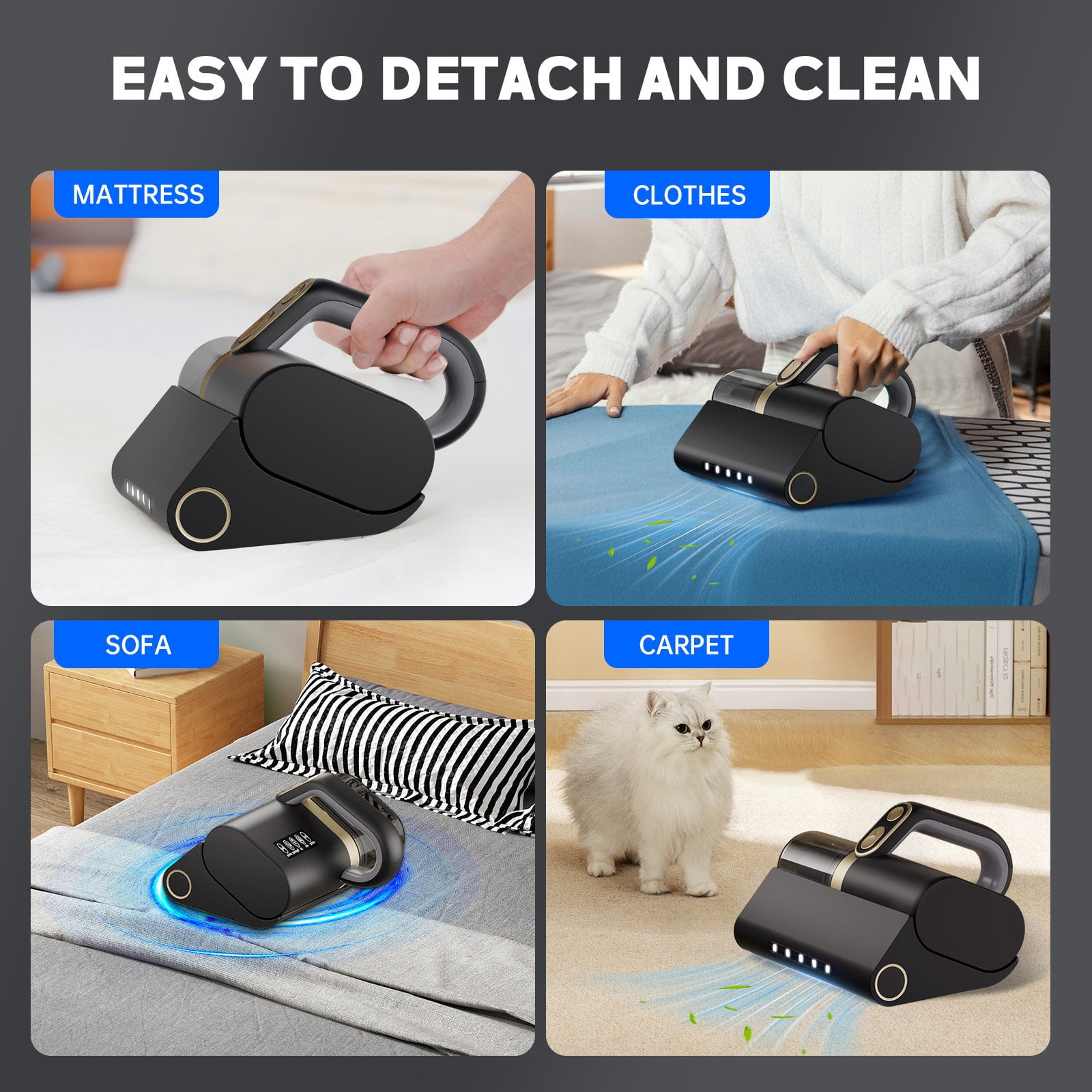 Solayce BV100 Double Cup Bed Vacuum Cleaner with UVC LED, 16Kpa Suction 500W & Low Noise, Ultrasonic UV Cleaner for Mattresses - Gray