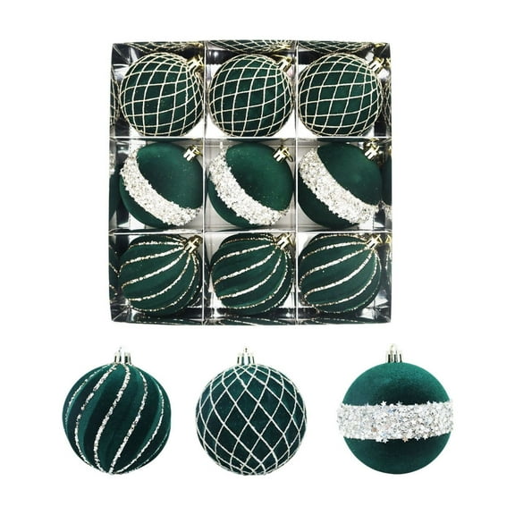 Ke1Clo Green Velvet Christmas Tree Ornaments, 9 Count, 3.15 Inch Large Flocked Shatterproof Christmas Ornaments Sets, Christmas Ball Ornaments for Holiday Party Christmas Tree Decorations