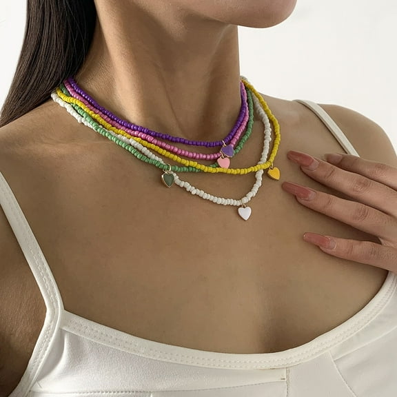 Miyuadkai Necklaces Peach Heart Simple Rice Beads Handmade Necklace Geometric Folding Beaded Necklace For Women's Daily Wear Jewelry Green One Size