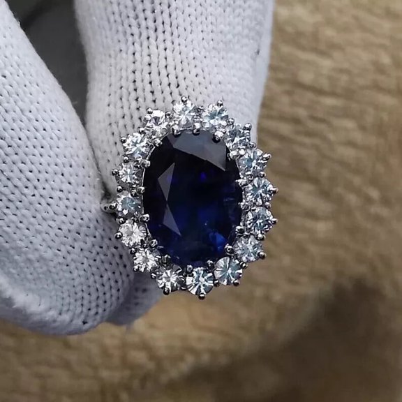 14K White Gold Plated Silver 2Cts Oval Cut Lab Created Blue Sapphire Solitaire Halo Engagement Ring Weddding Ring