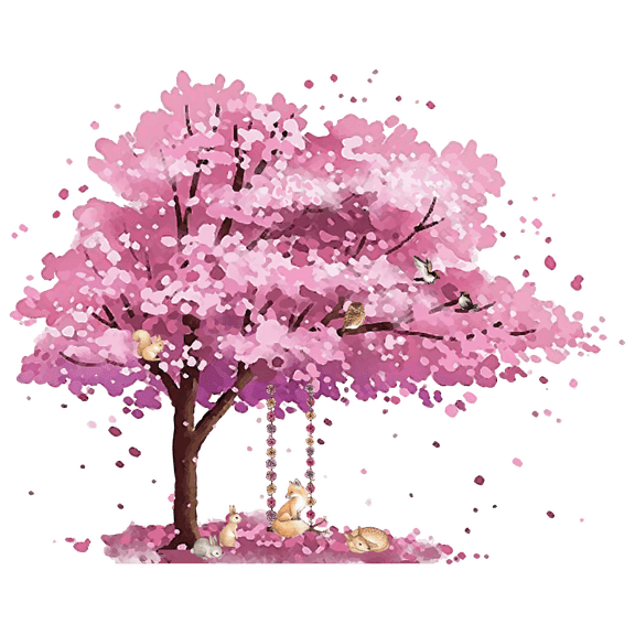 Kids Bedroom 17" x 20" Cherry Blossom Sakura Tree Floral Swing & Animals Watercolor Painting Vinyl Wall Decoration Young Fox Rabbits & Deer Design Home Living Room Wall Decal Sticker