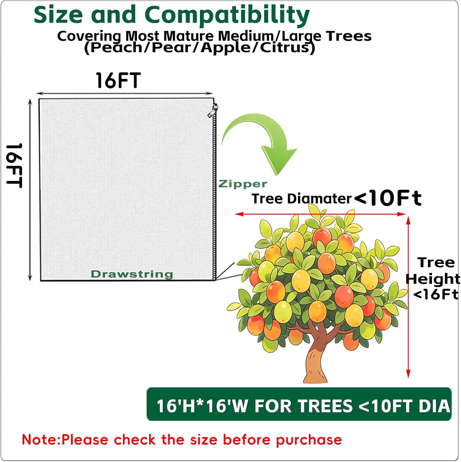 16x16Ft Extra Large Fruit Tree Netting Cover with Zipper & Drawstring, Garden Mesh Netting for Protecting Plants from Birds,Bug& Squirrels,Ultra Fine Weather Resistant Tree Netting