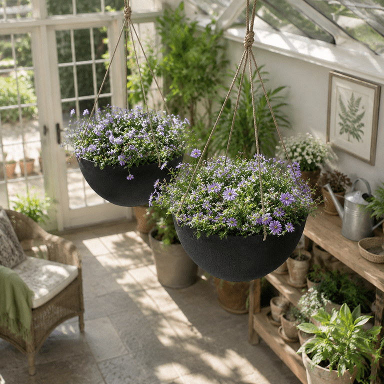 Black 13 Inch Set Of 2 Hanging Planters For Indoor Outdoor Use ...