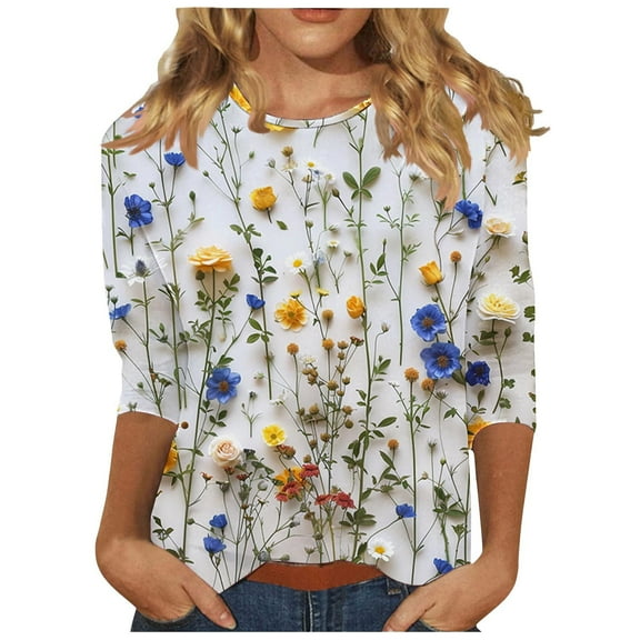 USSUMA Womens Tops Plus Size Womens Tops 3/4 Length Sleeves Loose Casual Blouses Round Neck Blouse Flower Print 3/4 Sleeve Blouse Tops forWomen Simple Deals