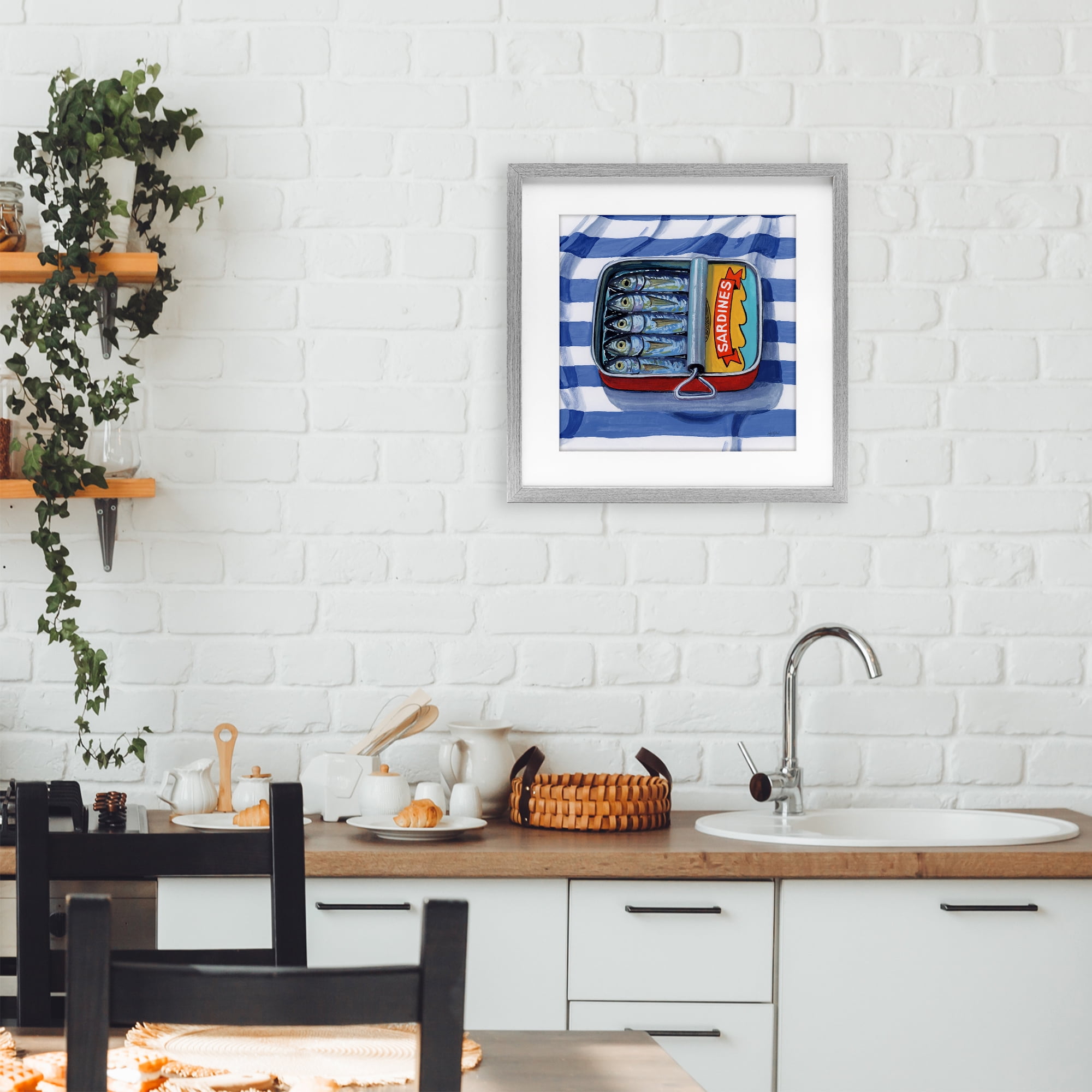 Stupell Industries Sardines On Striped Cloth Gray Framed Print Under Glass, design by Kate Jarvik Birch