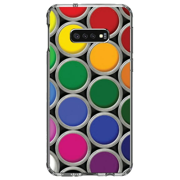 DistinctInk Clear Shockproof Hybrid Case for Samsung Galaxy S10e (5.8" Screen) - TPU Bumper, Acrylic Back, Tempered Glass Screen Protector - Rainbow Paint Cans - Rainbow Art Supplies