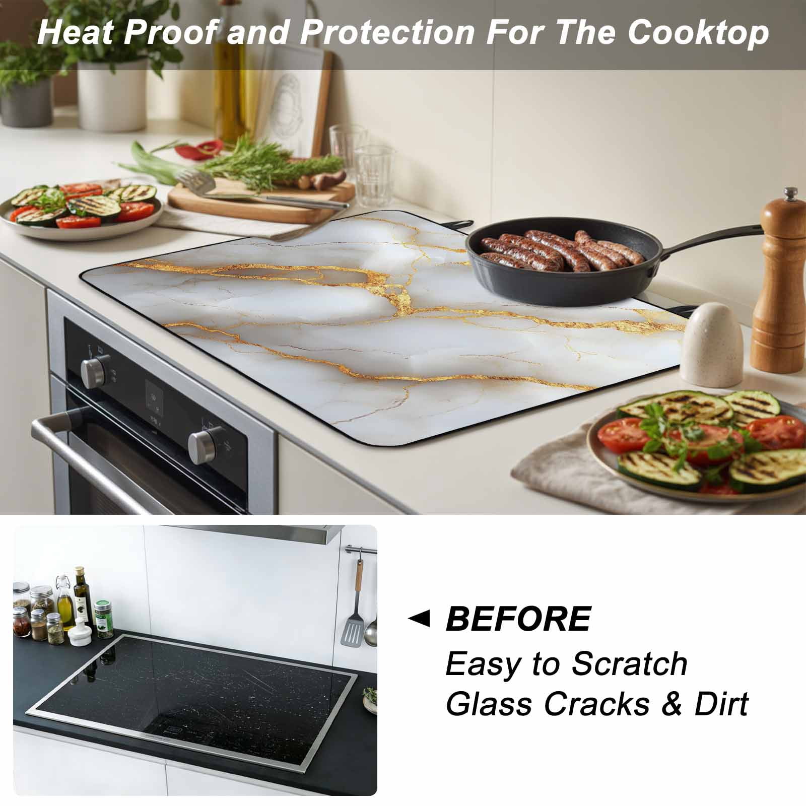 Marble Grey Stove Top Cover for Electric Stove, Heat-proof & Non Slip Glass Top Stove Cover Protector, Gold Texture Modern Crack Scenery Kitchen Flat Cooktop Rubber Mat 24x21 Inches