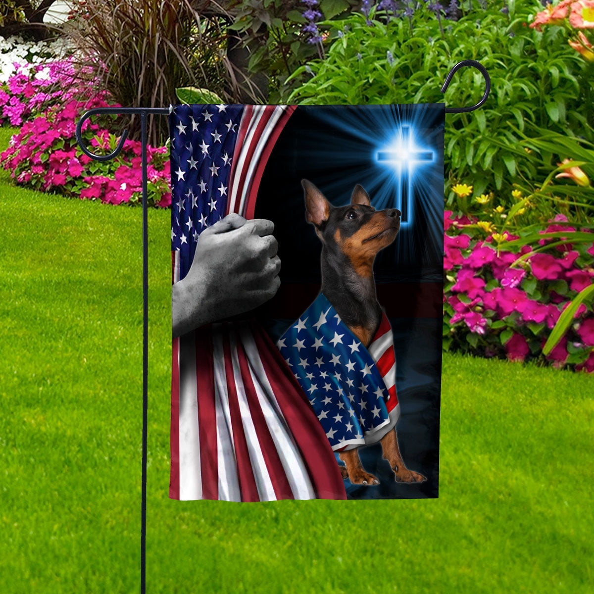 Hand Pulling USA Flag Doberman Pinscher Dog Wearing Flag American Standing under Cross Christian Patriotic House Flag (3x5) Double Sided- Premium Polyester-Decorative Indoor Outdoor Flag