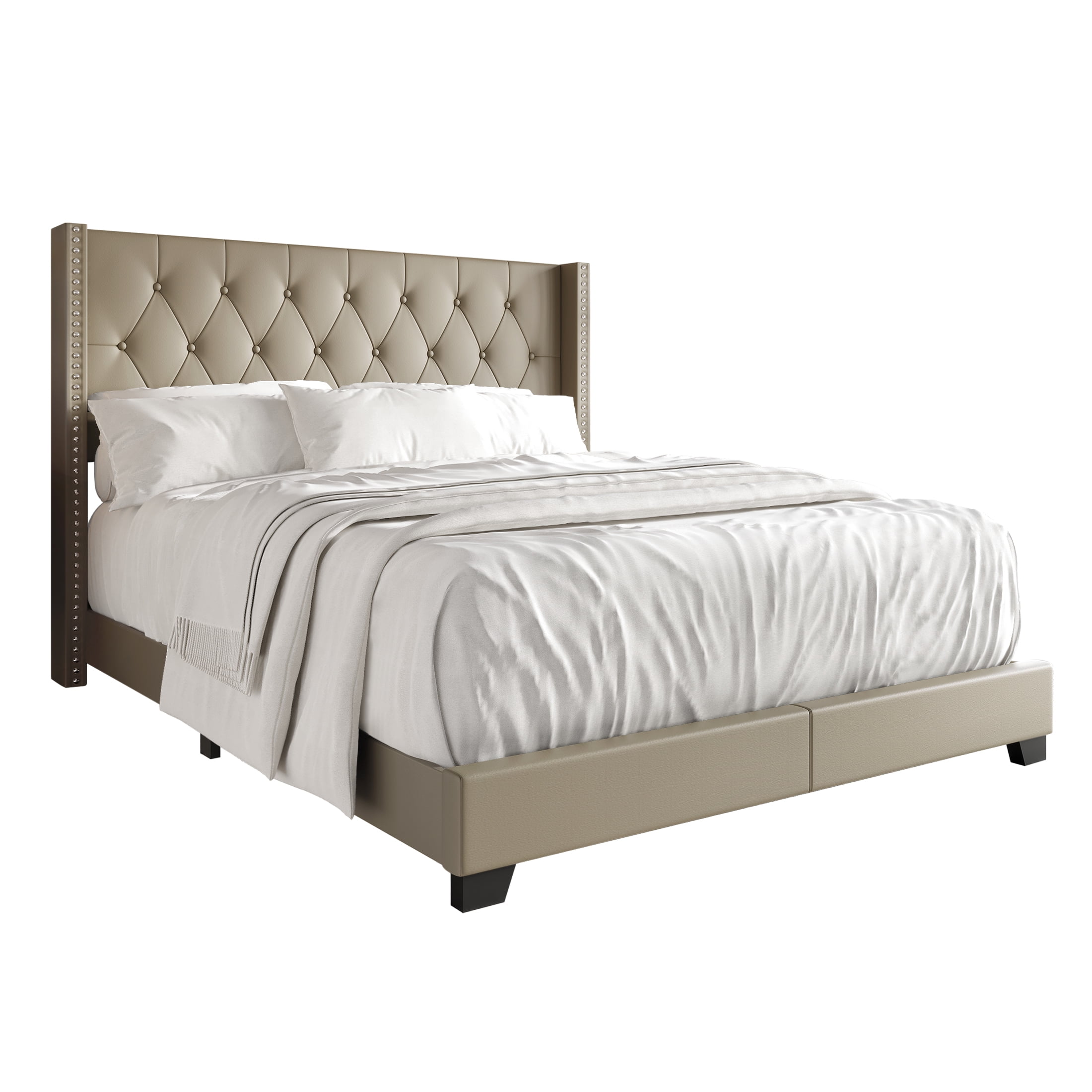 Castle Place Nailhead Trim Wingback Upholstered Bed, Gold Faux Leather, King