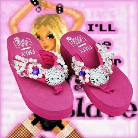 

Kawaii Hello Kitty Girls Flip Flops Anime Summer Y2K Harajuku Diamonds High Heels Sandals Fashion Ladies Platform Slippers Shoes