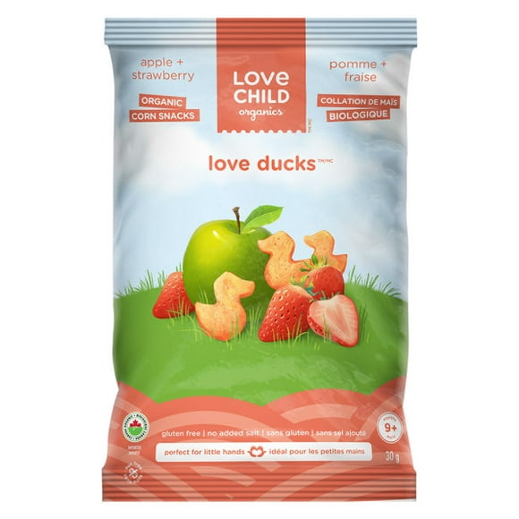 Love Child Organics Love Ducks Apple + Strawberry Corn Snacks 30g Bag, E-LOVE CHILD LOVE DUCKS APP STRAW