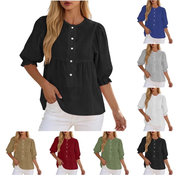 DYTTDG Women's Babydoll Blouse | Elbow Puff Sleeve Round Neck Top, Button Down Casual Summer Breathable Blouse for Daily & Vacation Wear