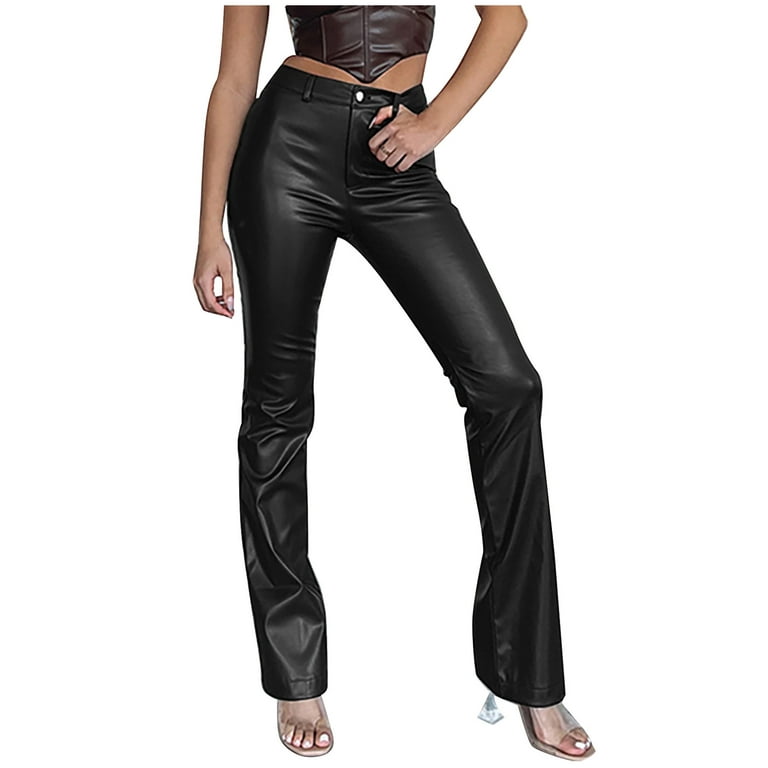 Women's Bell Bottom Leather Pants Vintage Stretchy High Waisted