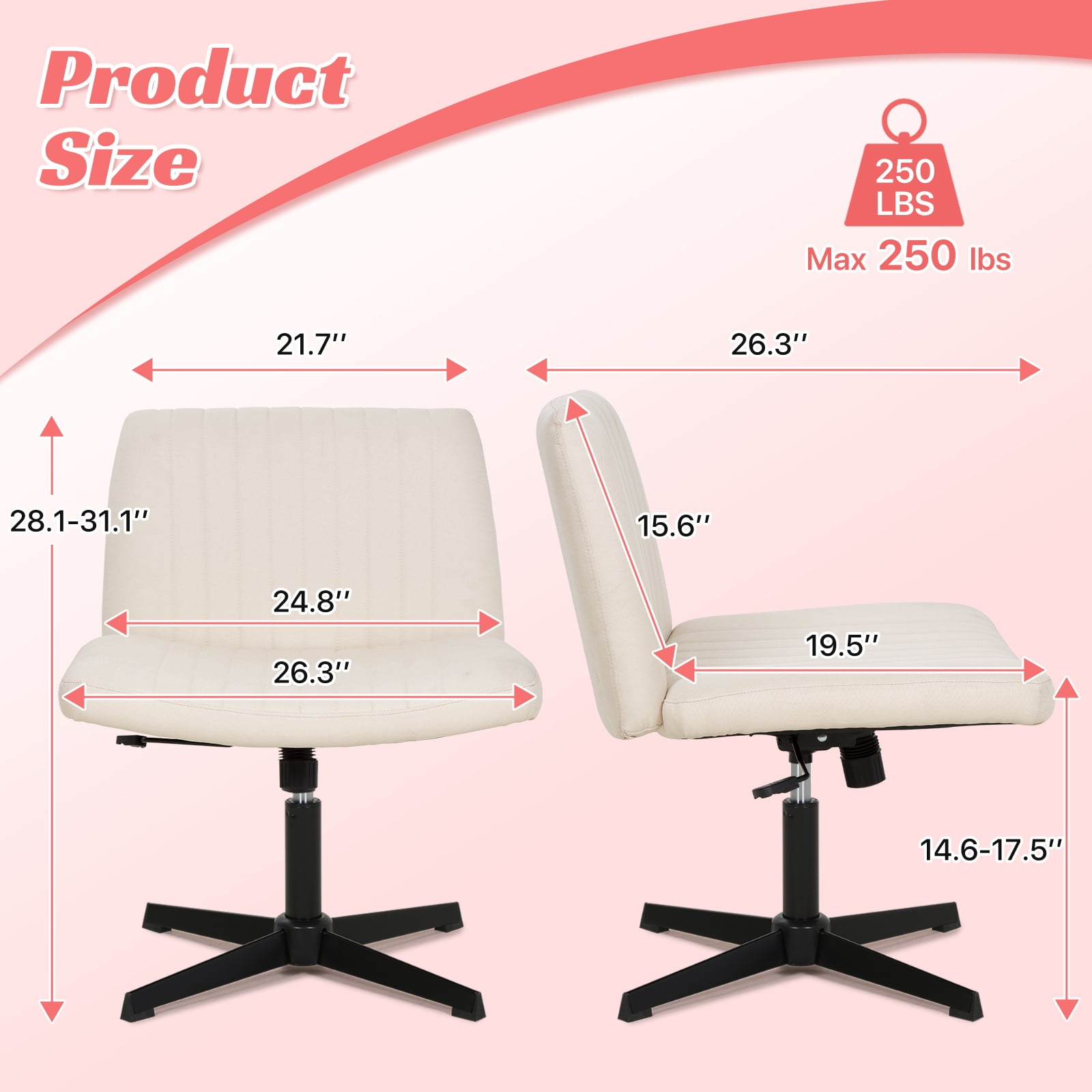 Criss Cross Chair, Armless Vanity Chair Cross Legged Office Chair, Adjustable Wide Swivel Desk Chair for Home Office No Wheels, Beige