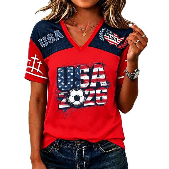 Women's USA 2026 Flag Soccer V-Neck T-Shirt Comfortable National Team Pride Top Comfort Soft Cotton XXL