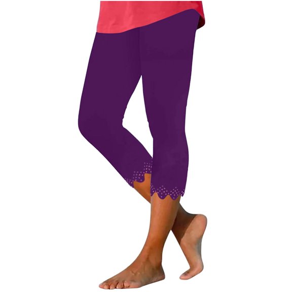 QHFBli Casual Daily Wear Leggings Women's High Waisted Stretchy Capri Leggings with Eyelet Lace Detail for Summer Beach Casual Wear and Exercise