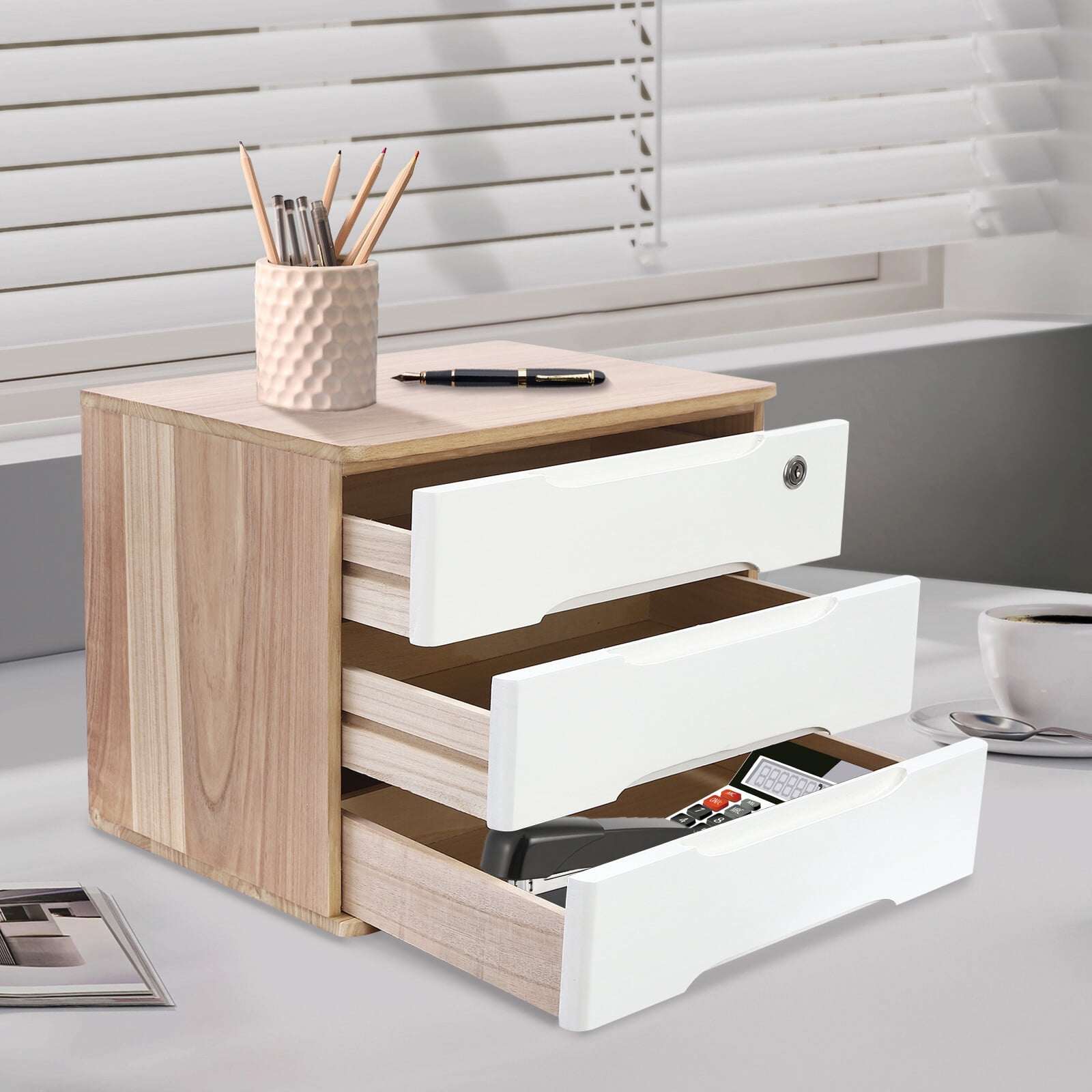 ToppiJoy 3-Tier Wooden Desktop Storage Box with Lockable Drawers, Modern Tung Wood Desk Organizer, Bamboo Storage with Keys (Wood Color, White)