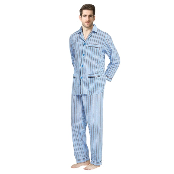 GLOBAL Men 100% Cotton Pajama Set For Men Lightweight Soft Nightwear Long Sleeves PJS With Pockets