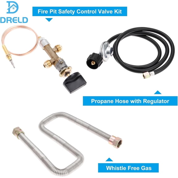 Propane Gas Fire Pit/Fireplace Safety Valve Control System Kit Assembly - Flame Failure Safety Control Valve, Whistle Free Gas, LP Propane Hose with Regulator (Max 50,000 BTU)
