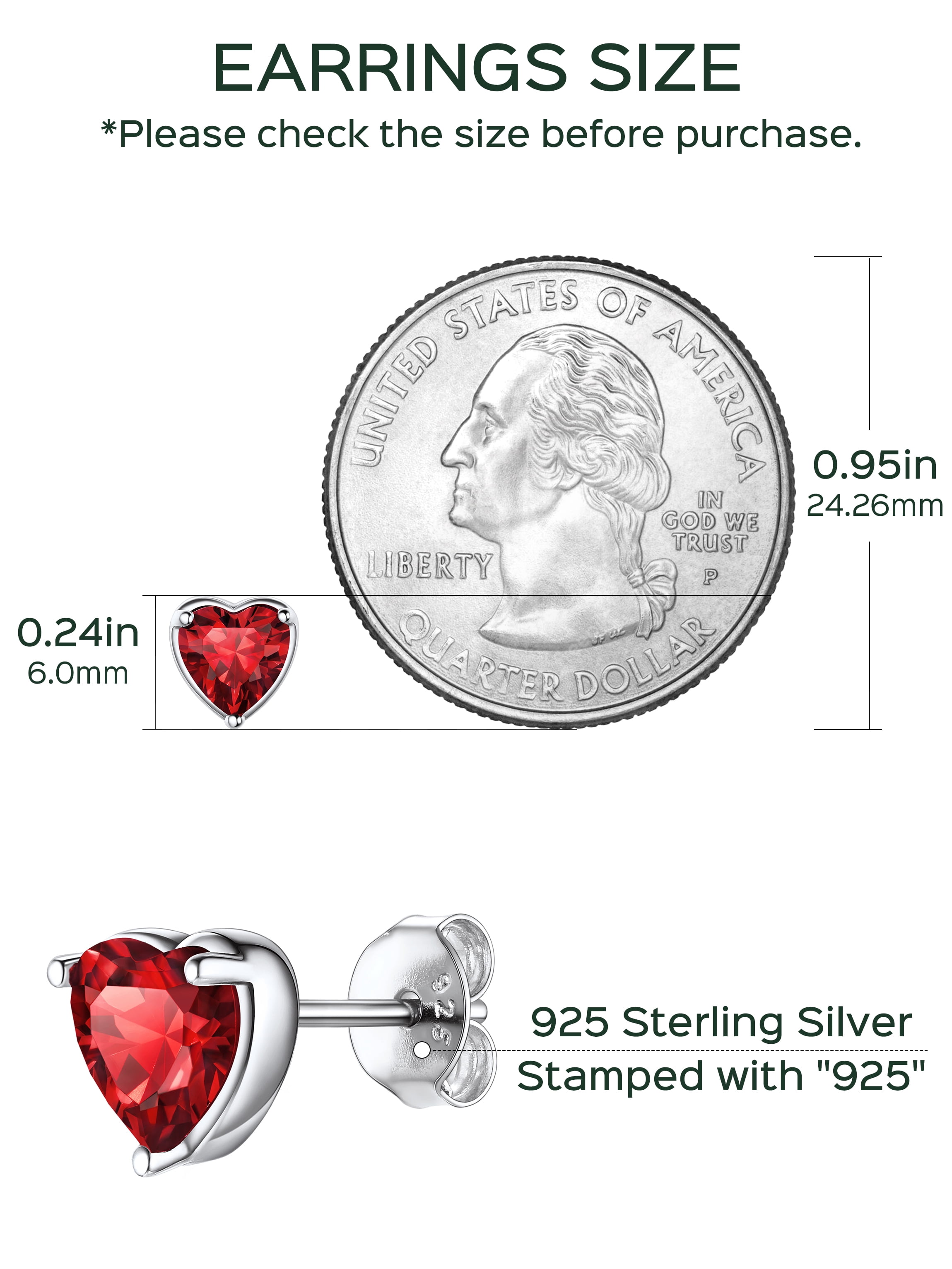 ChicSilver Solid 925 Sterling Silver Red Stud Earrings Heart Created Garnet Earrings for Women January Birthstone Jewelry Birthday Christmas Anniversary Gift for Her Wife Mom