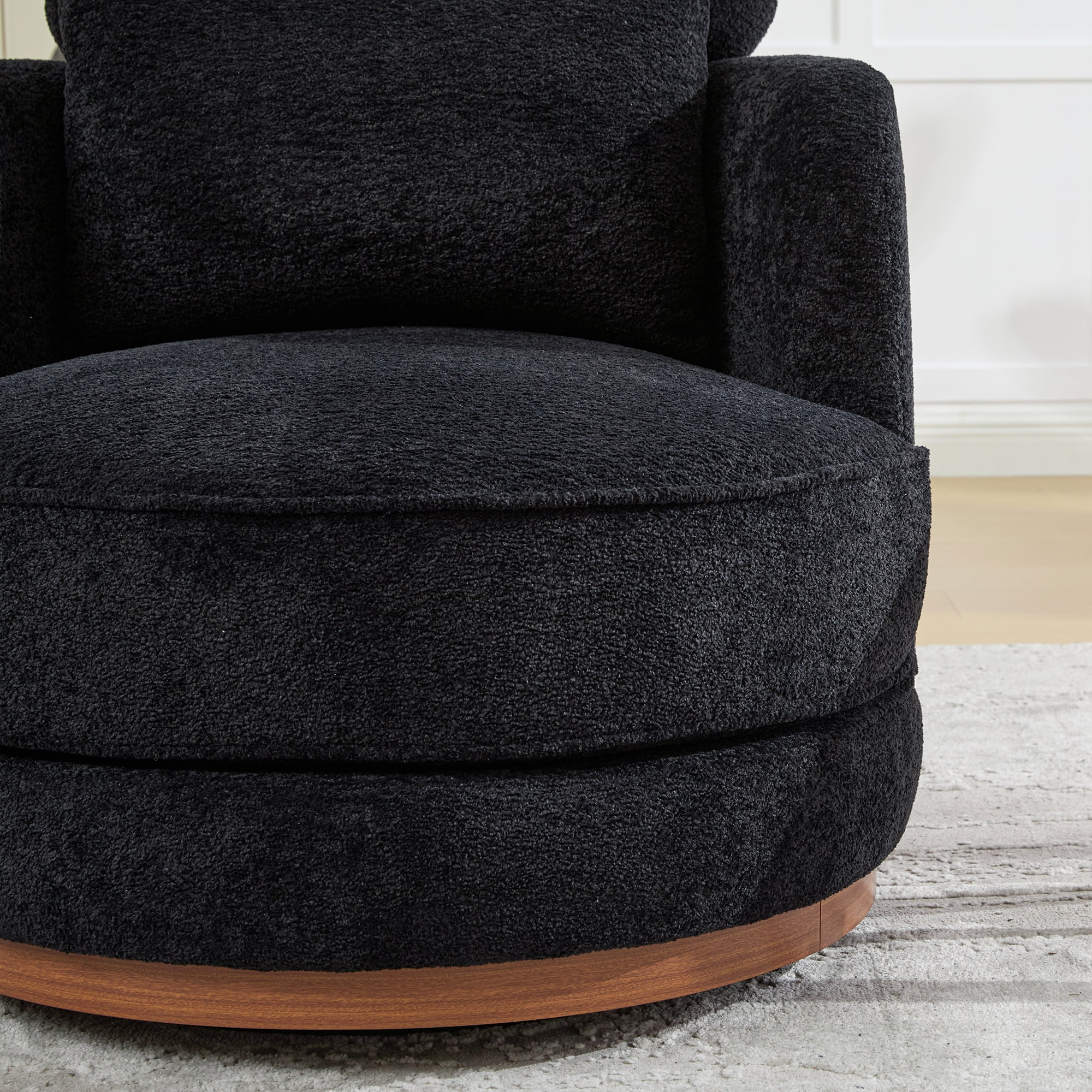 Leumius 360°Swivel Barrel Chair with 1 Plump Pillow and a Circular Wooden Base Ring, Round Chair with Removable Cushion for Living Room Bedroom Apartment,Black