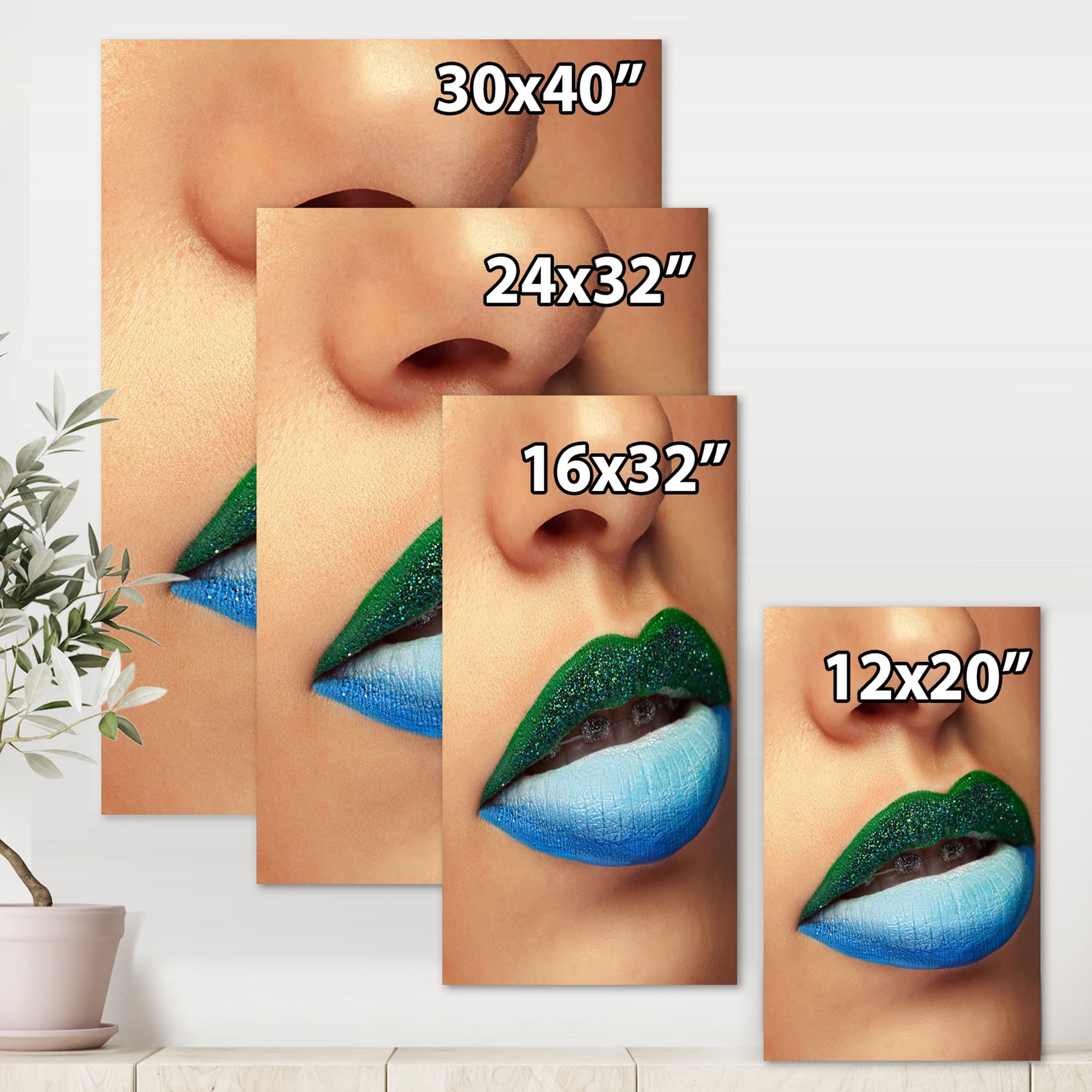 Designart ' Close Up Woman Lips With Fashion Make Up and Brackets ' Modern Canvas Wall Art Print