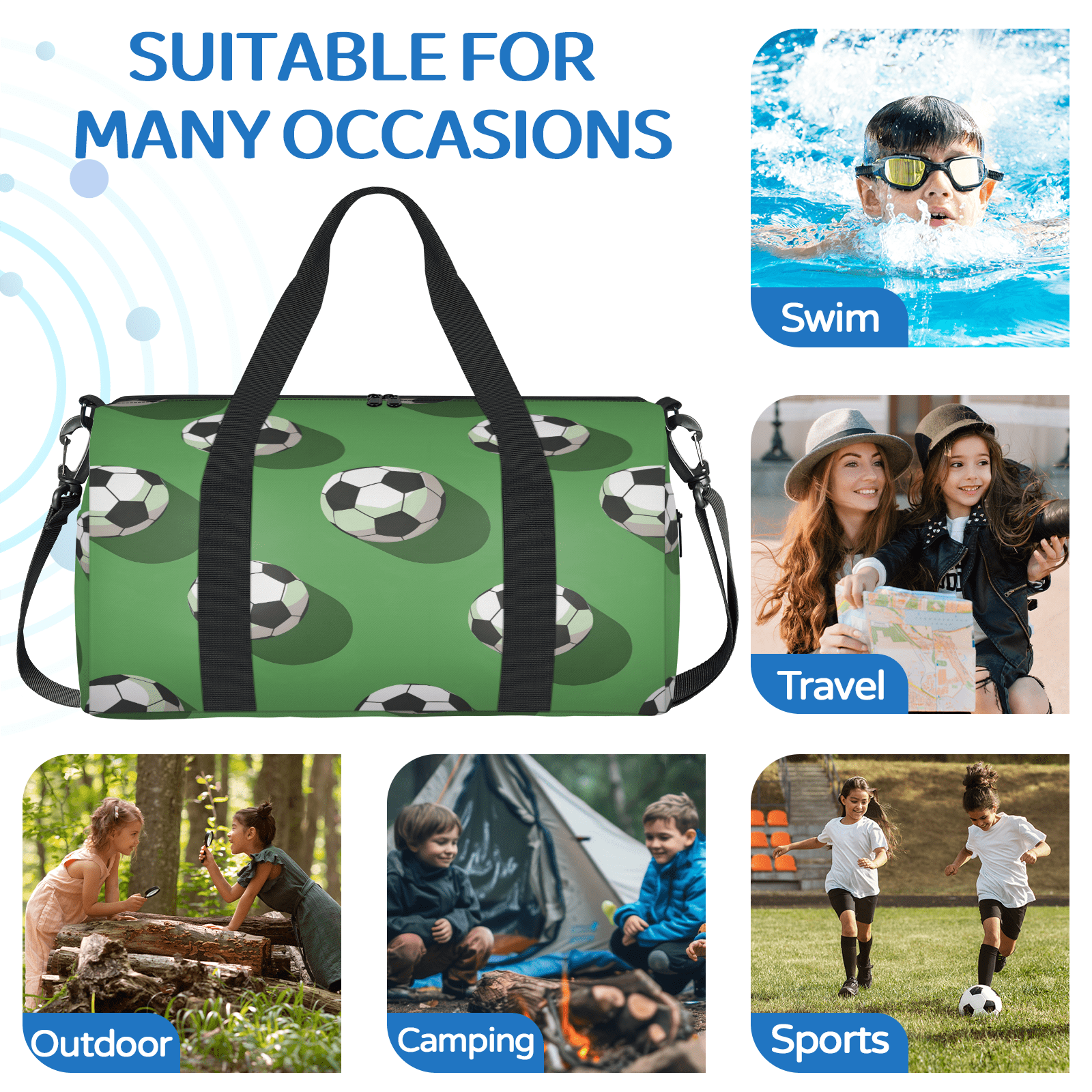 Herdesigns Soccer Ball Travel Duffle Bag Sports Yoga Weekender Overnight Carry on Workout Bags Lightweight Waterproof Gym Tote Bag for Women