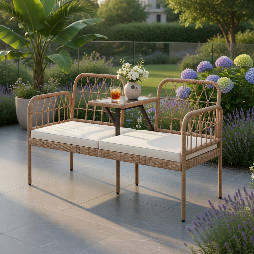 Hommoo 2-Seat White PE Rattan Outdoor Loveseat with Built-in Tempered Glass Table & Removable Cushions for Patio, Porch, Backyard, Natural