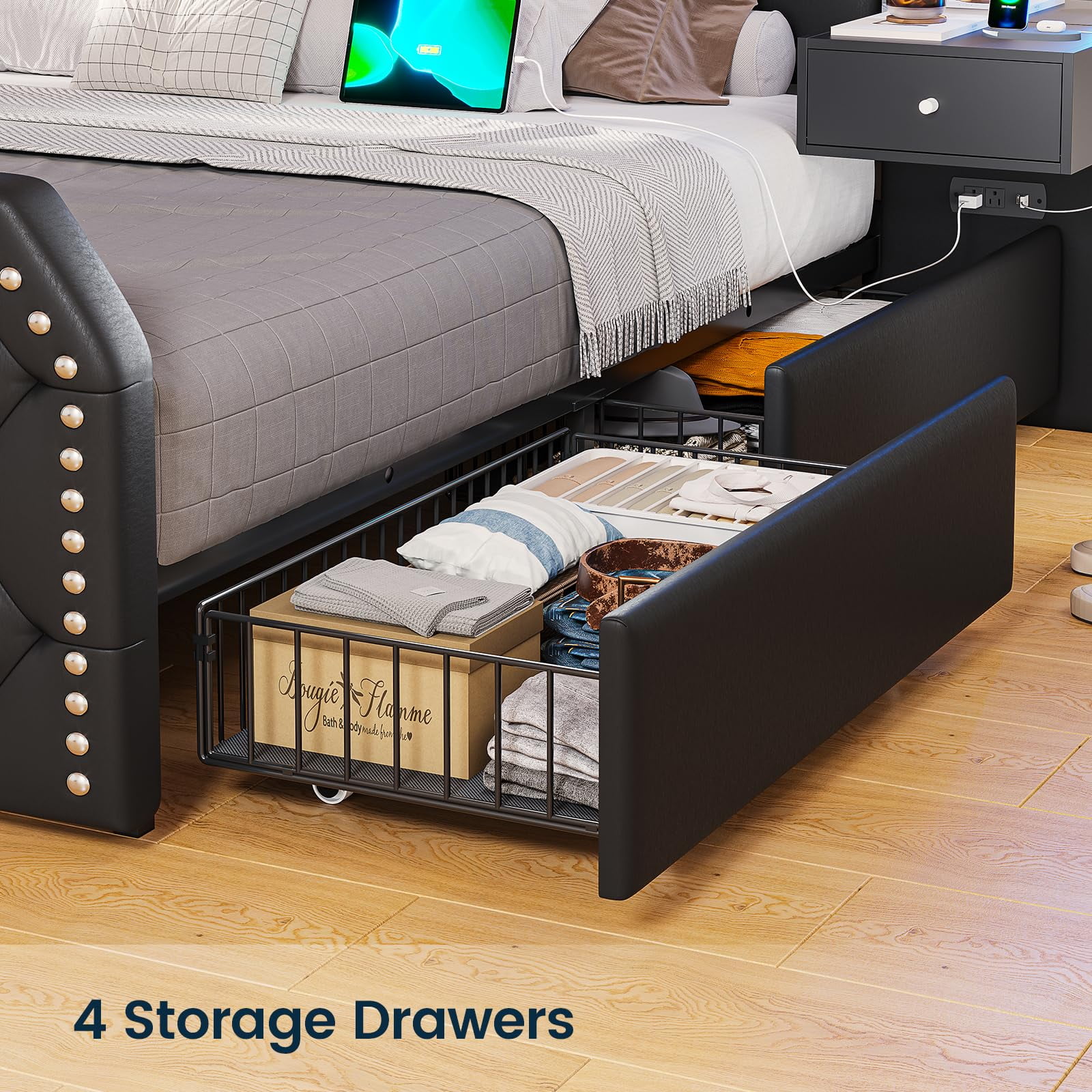 Queen Bed Frame with 2 Nighstands, Power Outlets and 4 Drawers, Upholstered Bed with Vanity Tables and Mirrors, Modern Velvet Tufted Platform Bed with Headboard & Footboard, Black