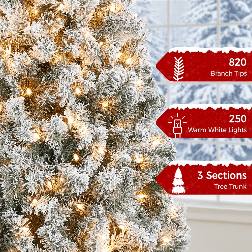Alden Design 6Ft Pre-lit Flocked Artificial Christmas Tree with Foldable Stand, Green