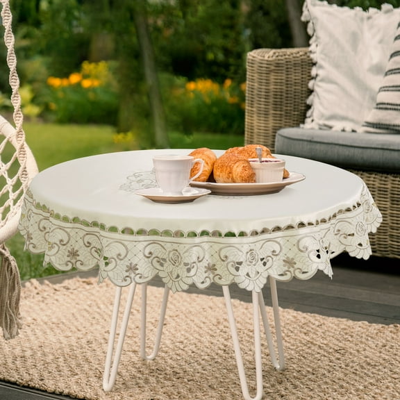 PiccoCasa Linen Rose Embroidered Round Tablecloth 48" Dia Waterproof