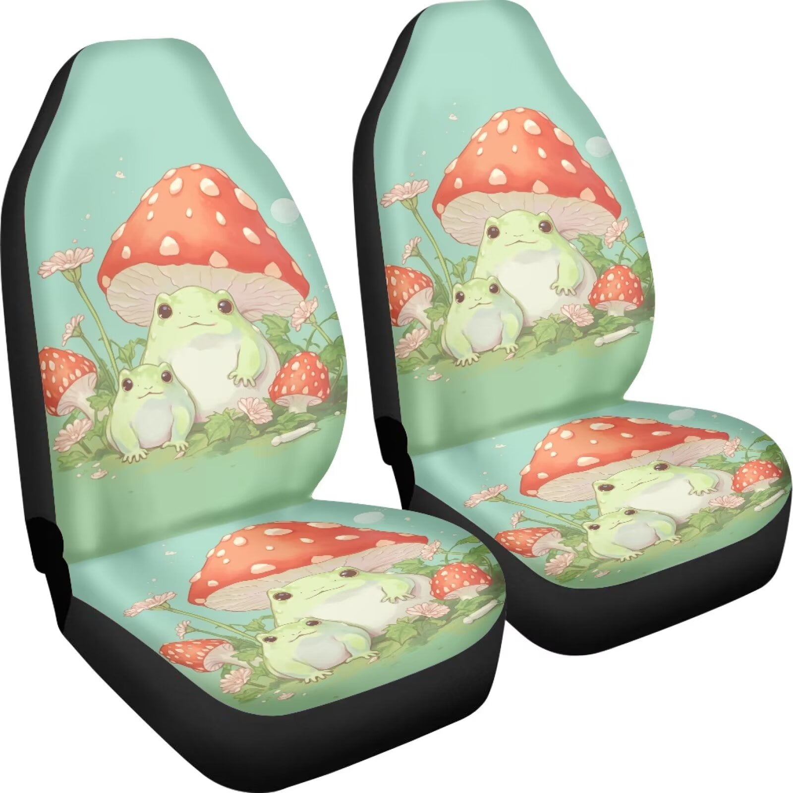 Uourmeti Cute Car Accessories for Women Girl Mushroom Frog Green Print Front Seat Car Covers Set of 2 Bucket Seat Protector Universal Fit Most Truck Suv Van Cars Vehicle Interior Decor
