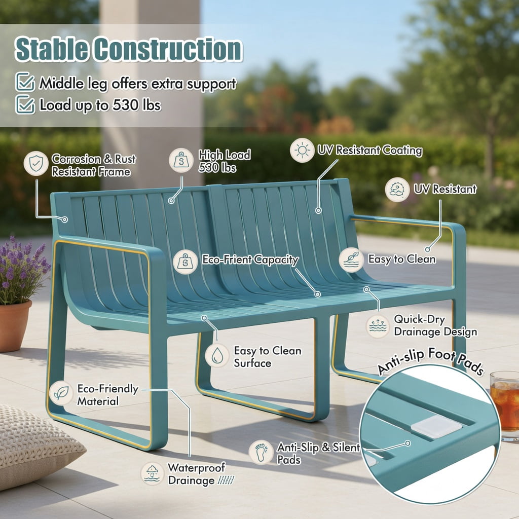 Hommoo Weather-Resistant 2-Person Outdoor Patio Loveseat Bench with Curved Backrest, Heavy-Duty PP Slatted Design for Deck, Poolside & Backyard, Blue