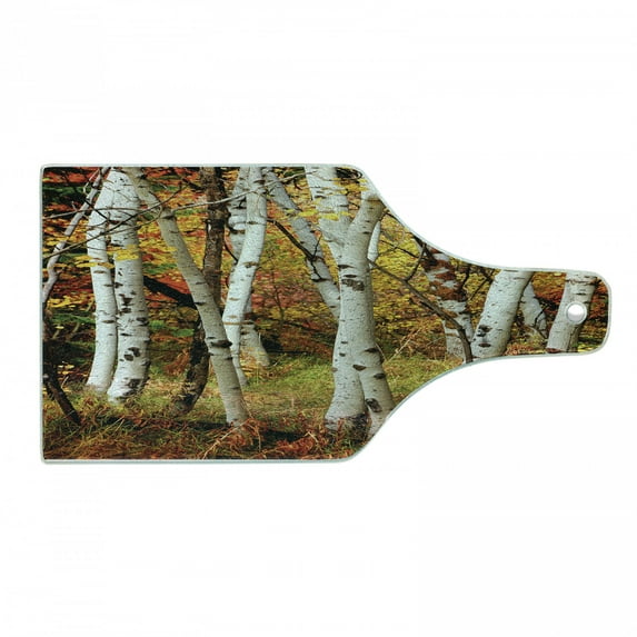 Fall Cutting Board, White Birch Trees Autumn Leaves Growth Wilderness Ecology Calm Serene View Print, Decorative Tempered Glass Cutting and Serving Board, Wine Bottle Shape, Multicolor, by Ambesonne