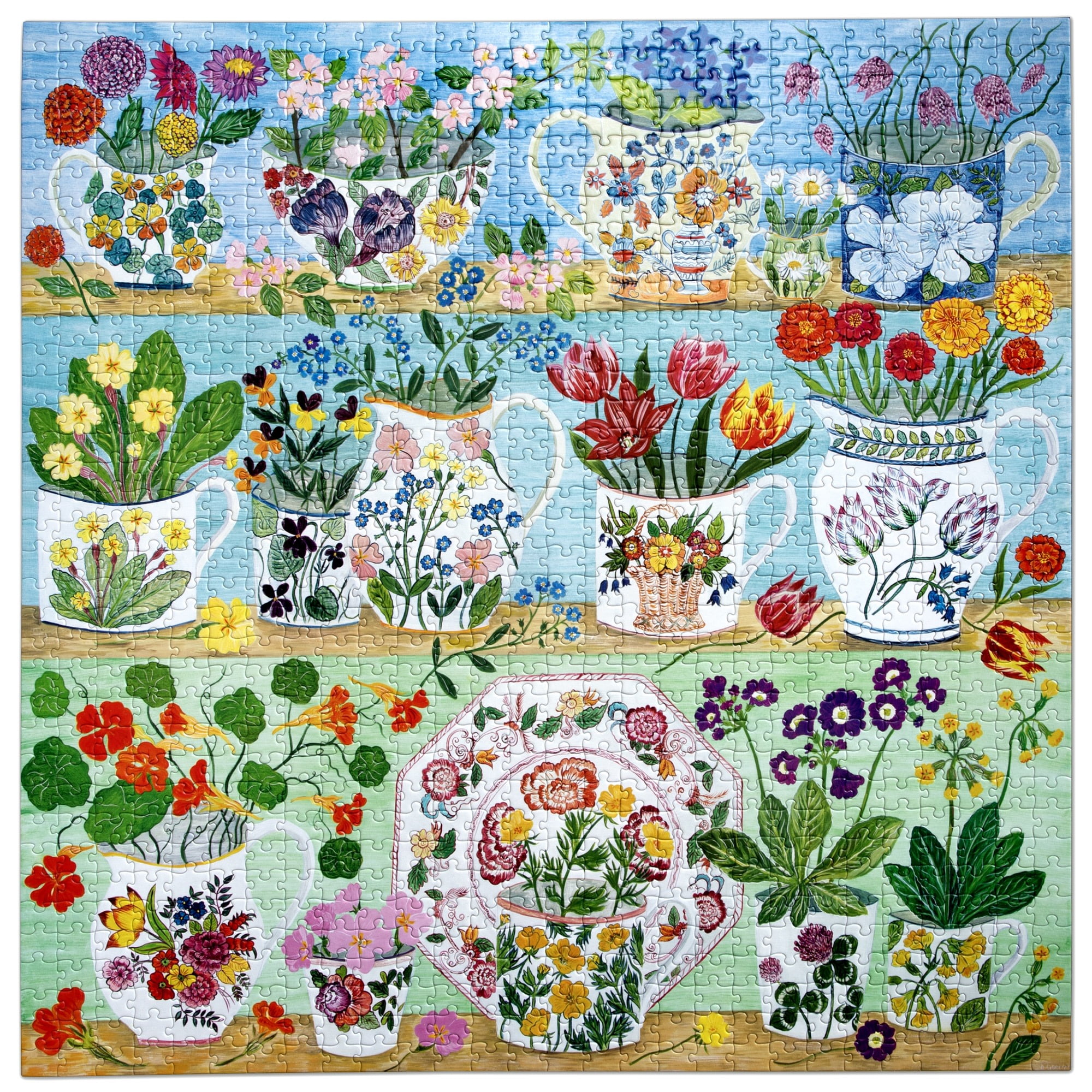eeBoo Piece & Love: Floral Cupboard - 1000 Piece Puzzle - 23" Square Adult Jigsaw, Debbie George's Georgian China & Bouquet Vase Scene, Eco-Friendly