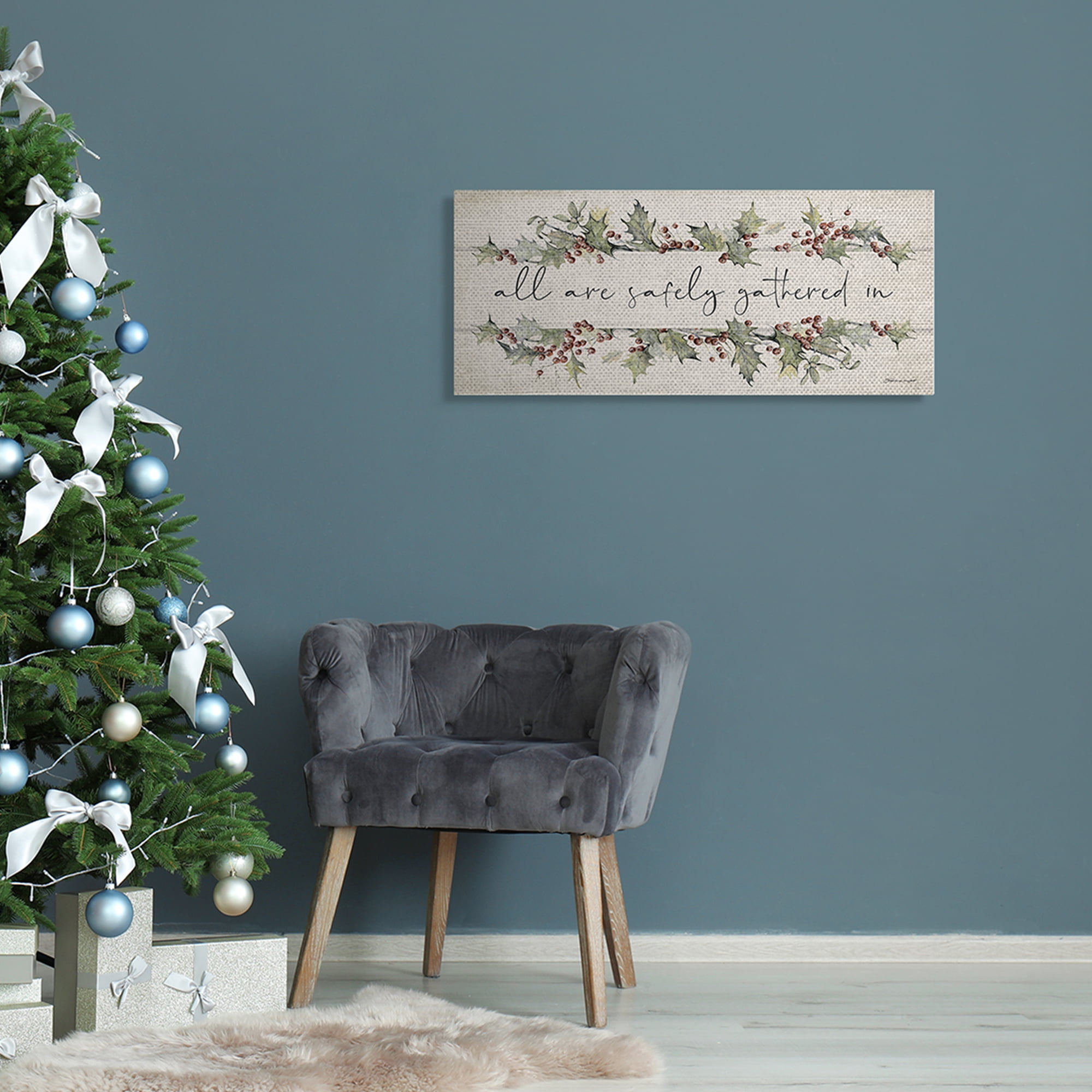 Stupell Industries All Safely Gathered Phrase Winter Holly Florals Inspirational Painting Gallery Wrapped Canvas Art Print Wall Art, 13 x 30