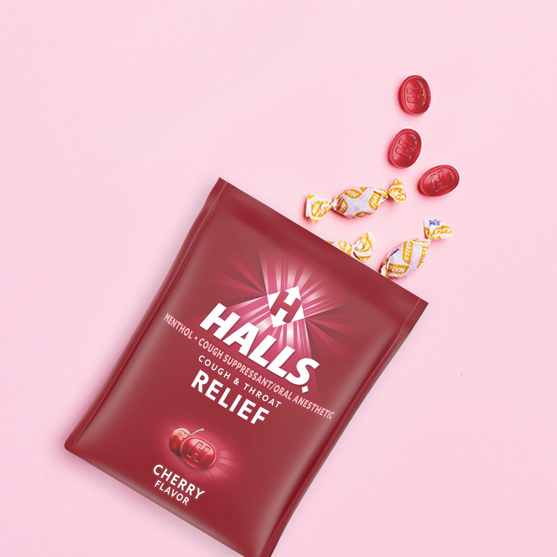 (4 pack) HALLS Cough and Throat Relief Cherry Cough Drops, 30 Drops