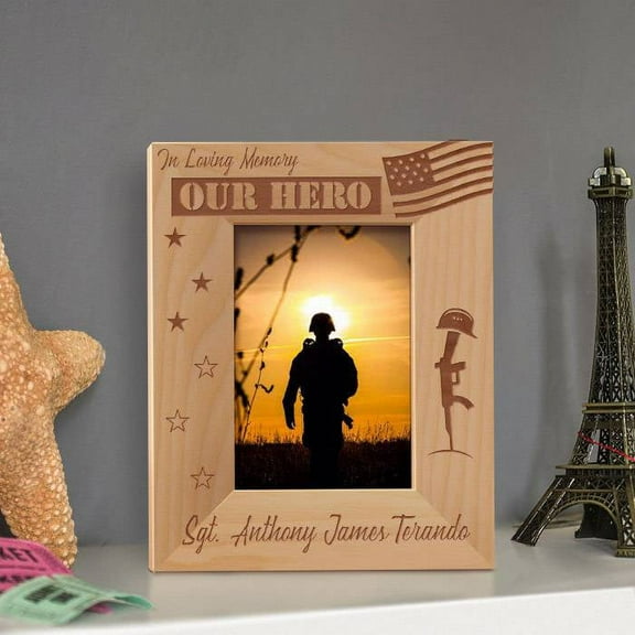 In Loving Memory of Our Hero Personalized Wooden Picture Frame 3 1/2" x 5" Brown (Vertical)