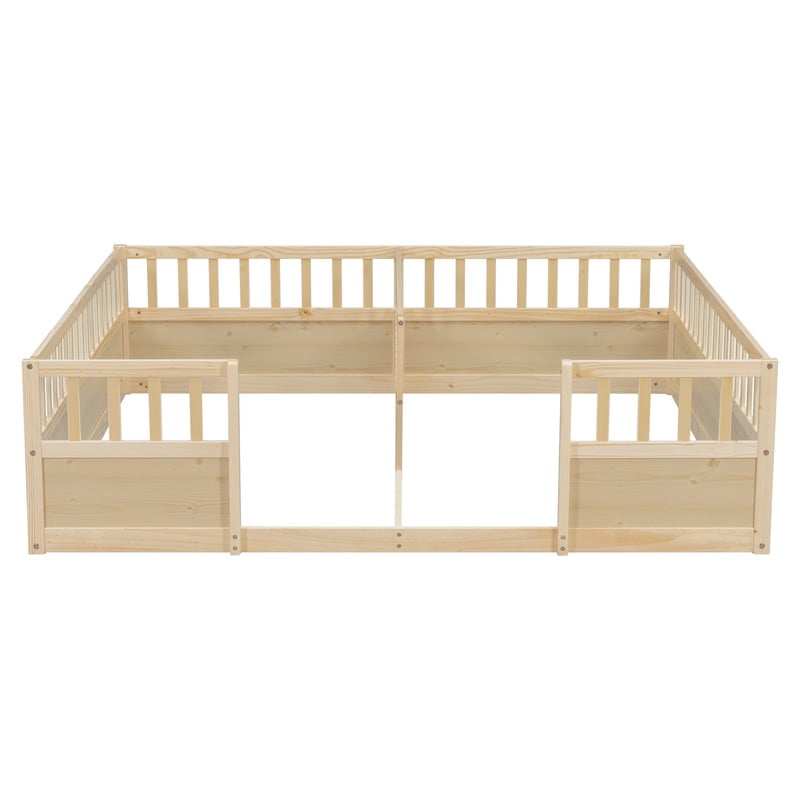 Twin Size Horizontal Floor Bunk Bed Frame with Semi-Enclosed Safety Guardrails, Wood Low Profile Kids Bed with Open Entrance