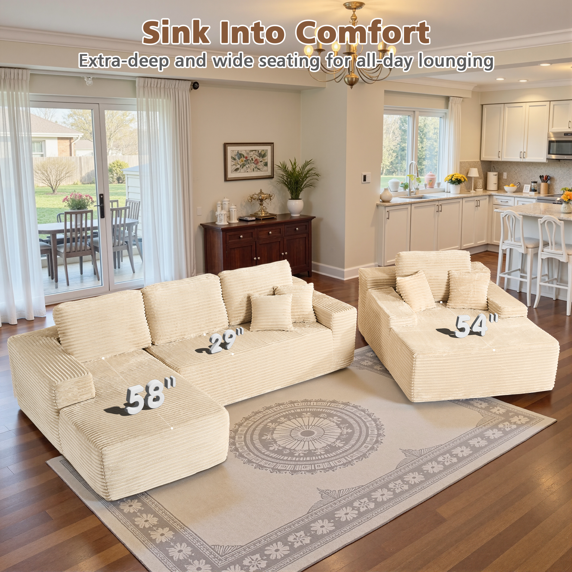 Ovios 106" Modular Cloud Couch Oversized Deep Seat Plush Corduroy Sectional Sofa with Lounge Chair for Living Room, No Assembly, Beige