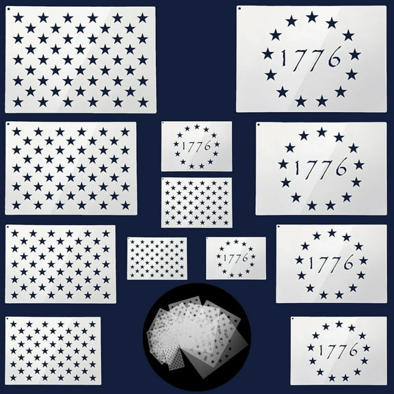 Anley 12 Pcs American Flag Stencil Set – Includes 50 Stars & 1776 Betsy Ross Flag Template - Durable PET Plastic Reusable Stencil for Independence Day Wood Painting & DIY - 2 Styles in 6 Sizes