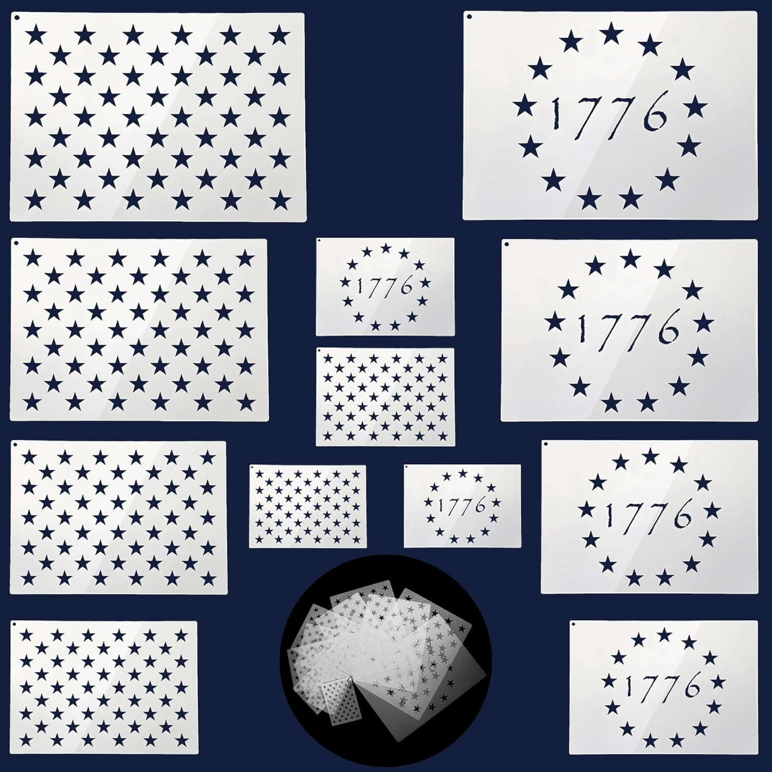 Anley 12 Pcs American Flag Stencil Set – Includes 50 Stars & 1776 Betsy Ross Flag Template - Durable PET Plastic Reusable Stencil for Independence Day Wood Painting & DIY - 2 Styles in 6 Sizes