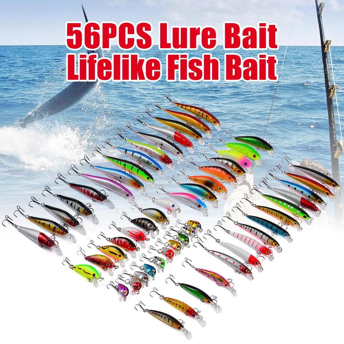 56pcs Fishing Hard Lures Flat Fish Minnow Shad Crank Bait Hooks Tackle Assorted