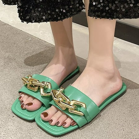 

XIAQUJ Women Slippers Summer New Pattern Chain Decoration Solid Color Large Flat Bottom Non Slip Slip on Comfortable Beach Sandals Sandals for Women Green 9(42)