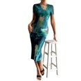 thumbnail image 2 of Women'S Tie Dye Crew Neck Hem Bodycon Short Sleves Dress Long Dresses Green S, 2 of 6