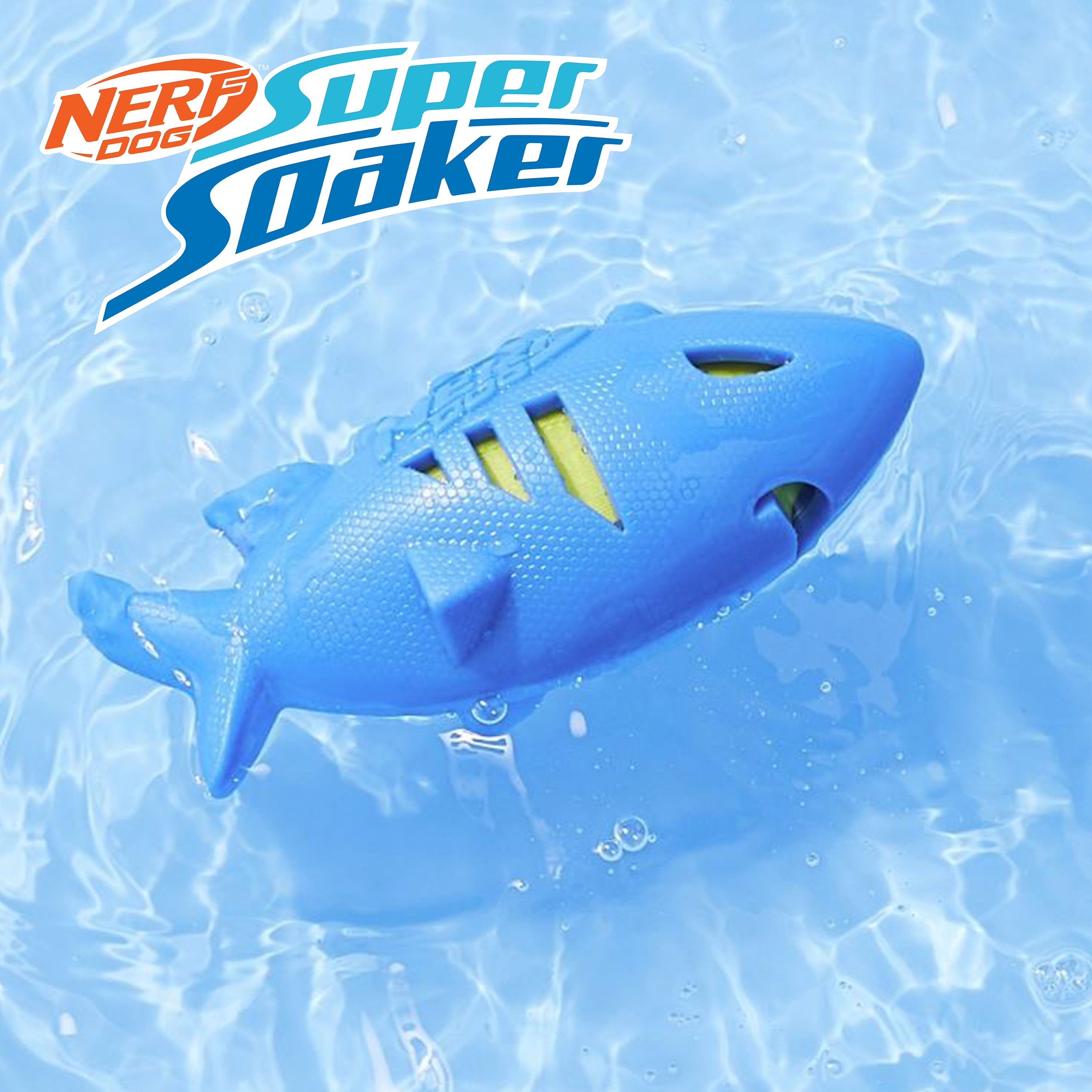 Nerf Dog Shark Football Dog Toy with Water-Soaking Squeak, Blue, 7 inch